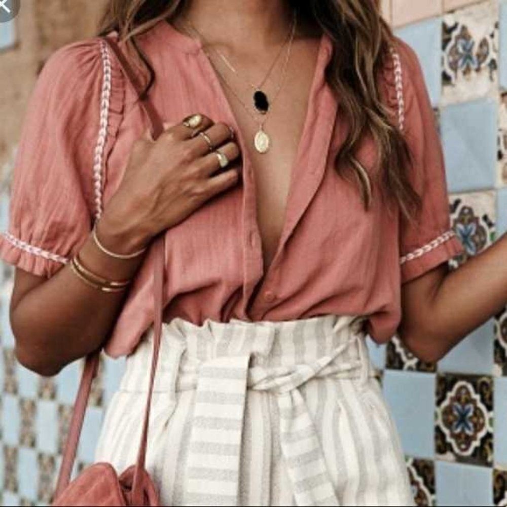 Sezane Wanda Blouse 38 Rose Wood Short Sleeve Cotton Gauze Ruffle Braided Top